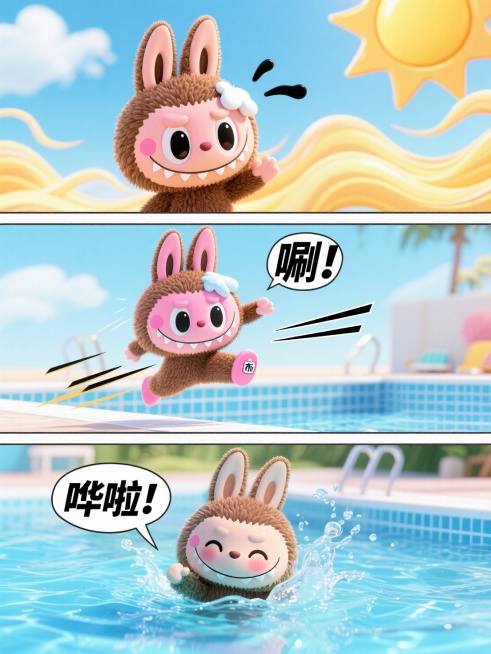三格漫画：1.烈日下擦汗"嘶——"热浪扭曲，2.冲刺跳向泳池"唰！"速度线，3.水中浮起笑脸"哗啦！"水花飞溅，同一角色动作连贯，漫画网点背景，高饱和夏日色预览效果
