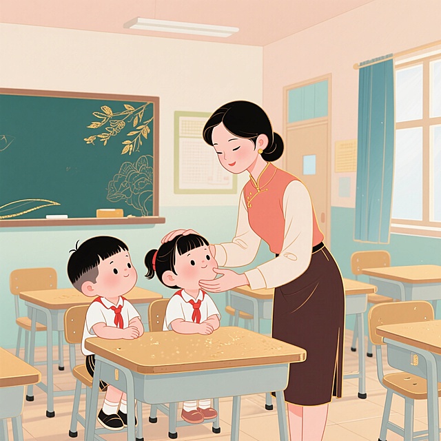 温馨的教室里，老师轻抚学生的脸颊，插画风设计展现浓浓师生情。
