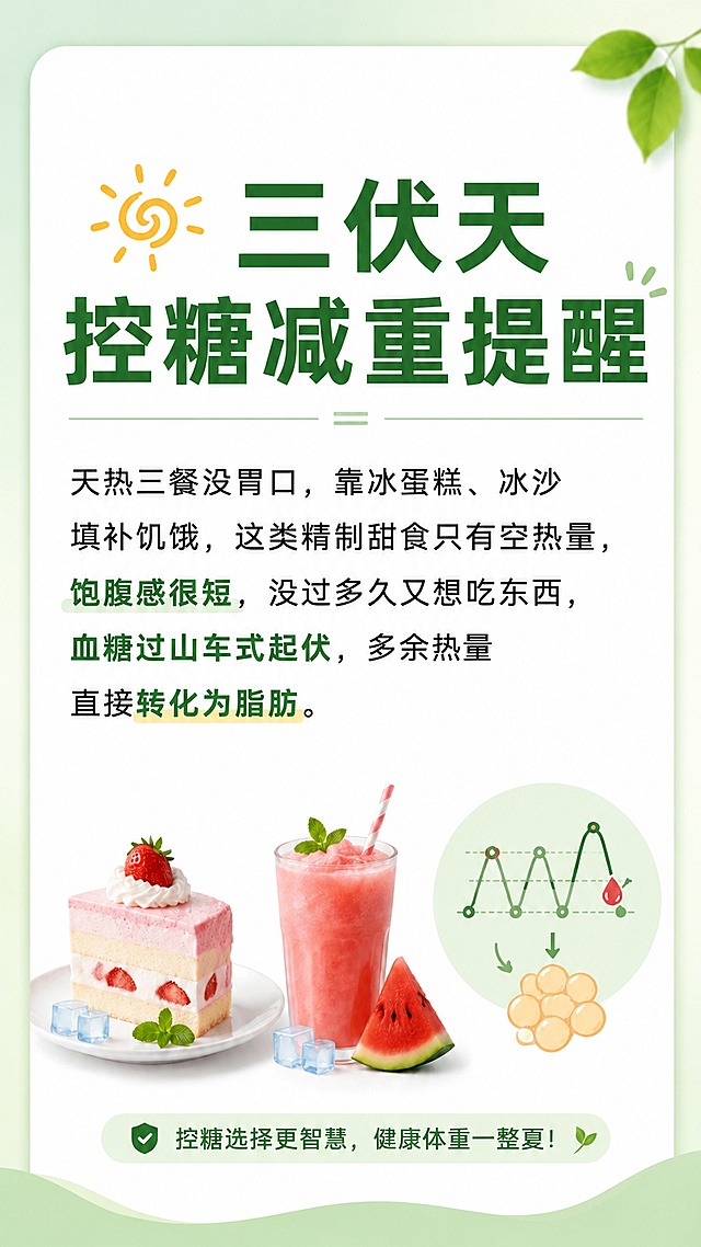 将这张三伏天控糖减重提醒医疗小贴士卡片调整为适配手机尺寸的竖版图片，保持原有的文字内容、排版和设计风格不变，只更改尺寸比例适配手机屏幕