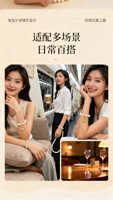 淘宝详情页第三屏，福字珍珠手链佩戴场景展示，简约暖色调背景，展示女生日常佩戴、通勤、约会不同场景上手效果图，标题"适配多场景 日常百搭"，排版简洁大方，整体颜色协调干净预览效果