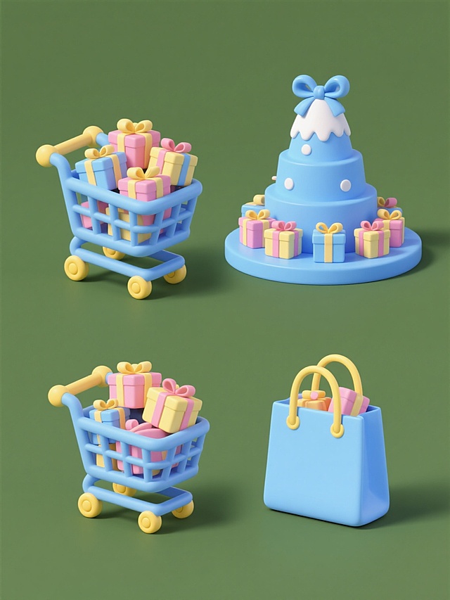 四个完全不同造型的系列素材集合，规整排布在纯色背景上，每个元素均保持3D立体风格、柔和马卡龙配色（浅蓝、粉色、黄色为主）、圆润无棱角的卡通造型和光滑细腻的材质质感。第一个是装满不同大小礼物盒的蓝色购物车，车轮为蓝底黄芯；第二个是蓝色礼盒堆叠成的小山，顶部有一个大蝴蝶结；第三个是蓝色圆形平台上摆放着不同颜色的礼物盒，呈环形排列；第四个是蓝色购物袋，袋口露出几个礼物盒的顶部，袋子两侧有黄色的提手。所有元素均有柔和的阴影效果，整体氛围欢快、可爱、充满节日气息，符合商城促销的设计感和目标受众审美。