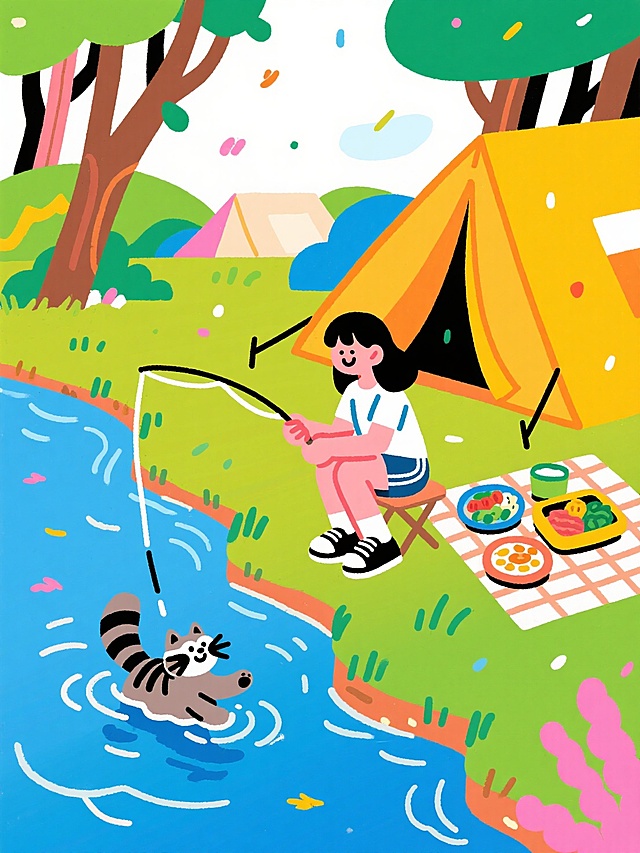 清新插画风，卡通拟人设计，波普艺术色彩，展现户外露营与钓鱼的欢乐时光。