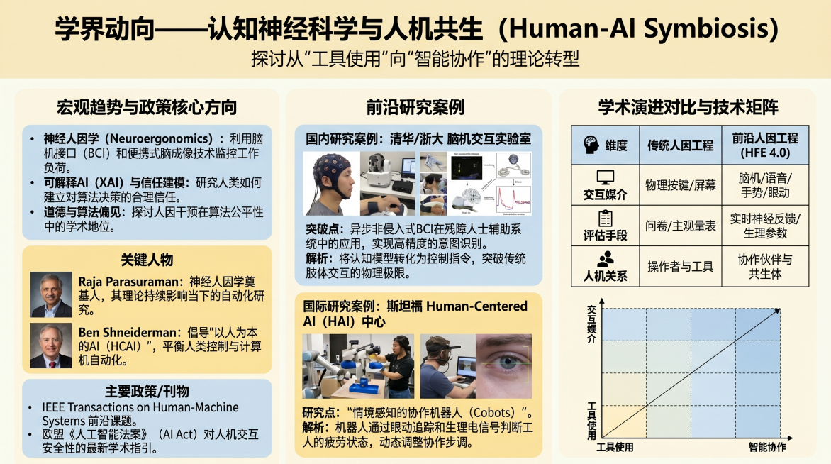 学术信息海报第一页，标题为"学界动向——认知神经科学与人机共生 (Human-AI Symbiosis)"，副标题"探讨从'工具使用'向'智能协作'的理论转型"。整体分为三个板块：
左侧栏：宏观趋势与预览效果