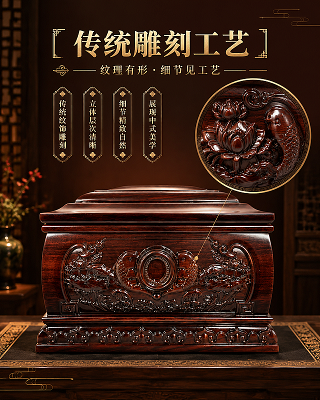 [主图-3 790×1000] 工艺细节，主题：传统雕刻工艺。
[统一基调] 中式传统庄重风格；背景主色=深棕红木色渐变；标题字色=暗金色；辅助字色=暖棕灰；强调色=暗金色；字体=宋体粗体；组件=中式回纹边框、细线引线；整体肃穆典雅。
[画面] 产品正面视角居中偏下，占画面约55%，正面微仰视突出雕刻细节。画面右侧用放大镜圆形区域放大莲花与鲤鱼雕刻局部，展示立体层次。背景为深棕色渐变，暗金色装饰线条点缀。
[光影质感] 左前侧暖柔光，右侧辅光，突出雕刻立体感与纹理层次，商业精修质感。
[配色] 主色深棕红木色，背景同色系深浅渐变，暗金色点缀文字与装饰线条。
[文字版式] 画面上方横排主标题"传统雕刻工艺"，副标题"纹理有形 · 细节见工艺"，下方4个卖点标签竖排：传统纹饰雕刻、立体层次清晰、细节精致自然、展现中式美学。文字不遮挡产品主体雕刻。
[输出要求] 790×1000像素竖版，2K分辨率，文字清晰，产品清晰；避免变形、错字、模糊、杂乱、水印、平台Logo、冷蓝背景。