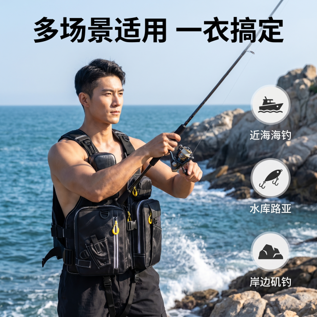 [主图 3] 多场景使用展示图，展示钓鱼马甲多场景适配性。
[氛围风格] 自然户外风格，真实使用场景氛围感。
[画质] 商业摄影质感，光线柔和通透，产品清晰真实，画面干净高级。
[元素] 同一位亚洲男预览效果
