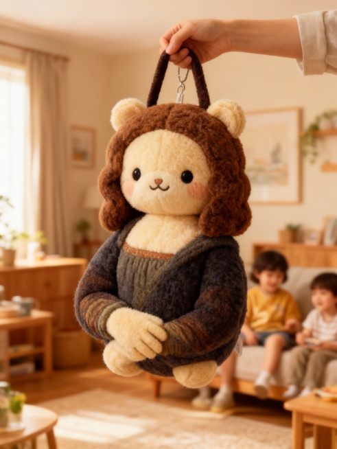 把参考图中的主体蒙娜丽莎变成一个变成大的毛绒可爱挂件，一只手把它提起来，背景是温馨的家里。预览效果