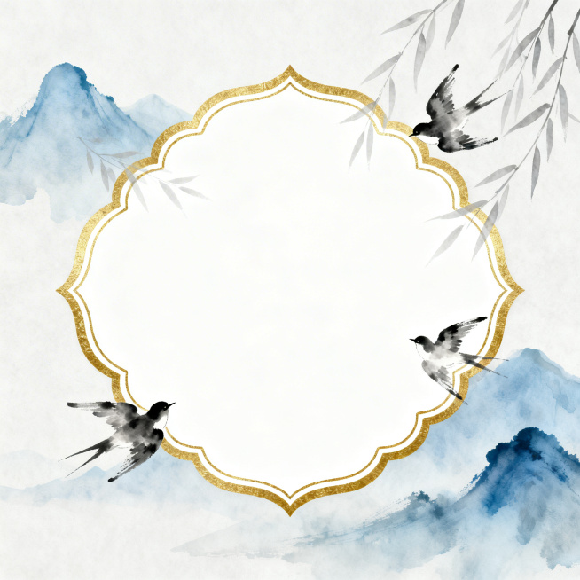 中国风传统纹样装饰边框，用金色祥云纹勾勒异形边框，边框内部是纯白色负空间，边框四周点缀淡蓝色水墨风格远山、浅灰色柳枝和三只飞翔的水墨小鸟，整体是淡雅的蓝灰色调渐变，风格简约留白，符合东方美学，有古典雅预览效果