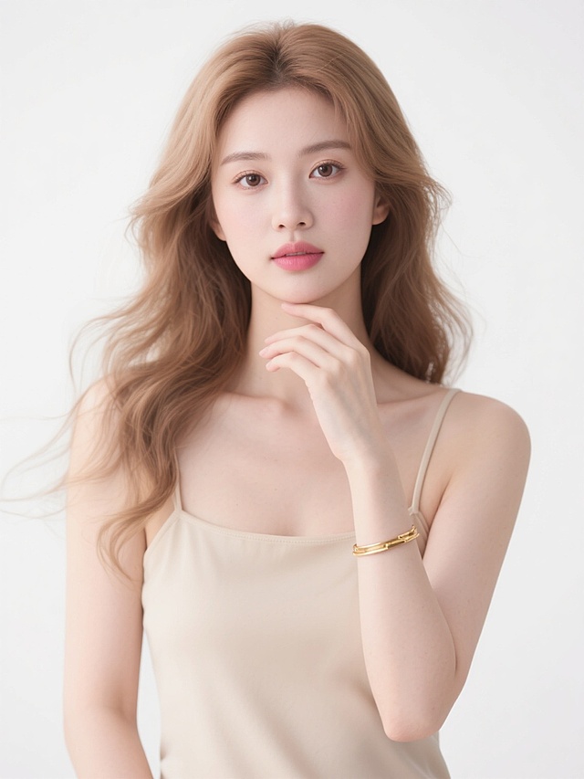 高清时尚人像摄影，柔和自然光线，浅棕色长卷发柔顺飘逸，精致妆容，裸粉色唇膏，纤细锁骨，米色细肩带背心，金色细手镯，右手轻抚下巴，左手自然垂落，姿态优雅放松，纯净白色背景，整体清新简约风格，半身构图