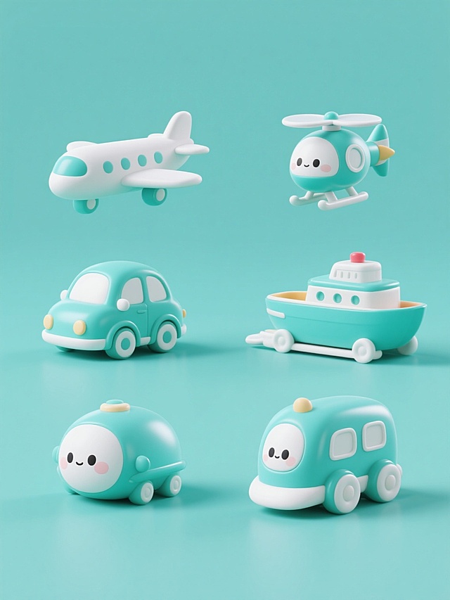 一套6个不同交通工具玩具的系列素材集合，每个交通工具均保持圆润可爱的3D卡通风格，表面光滑无纹理，具有柔和的高光和淡淡的投影，背景为纯色，整体色彩变换为清新的蓝绿色调，元素类目为交通工具，包括飞机、汽车、火车、轮船、火箭、直升机，规整排布在画面中，每个交通工具造型简洁，细节简化，色彩统一为蓝绿色主体搭配白色点缀，呈现出一致的可爱玩具感和系列感。