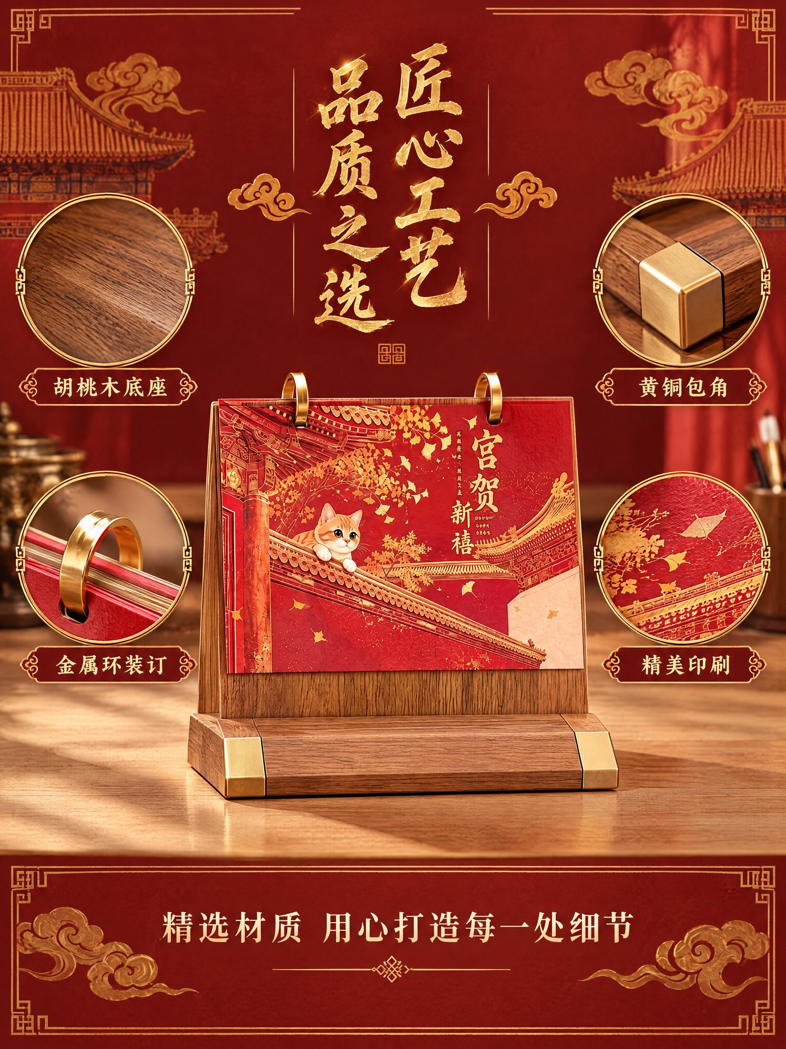 [商品] 使用A款横木架台历局部特写；聚焦胡桃木底座、黄铜金属… - 图片创意预览