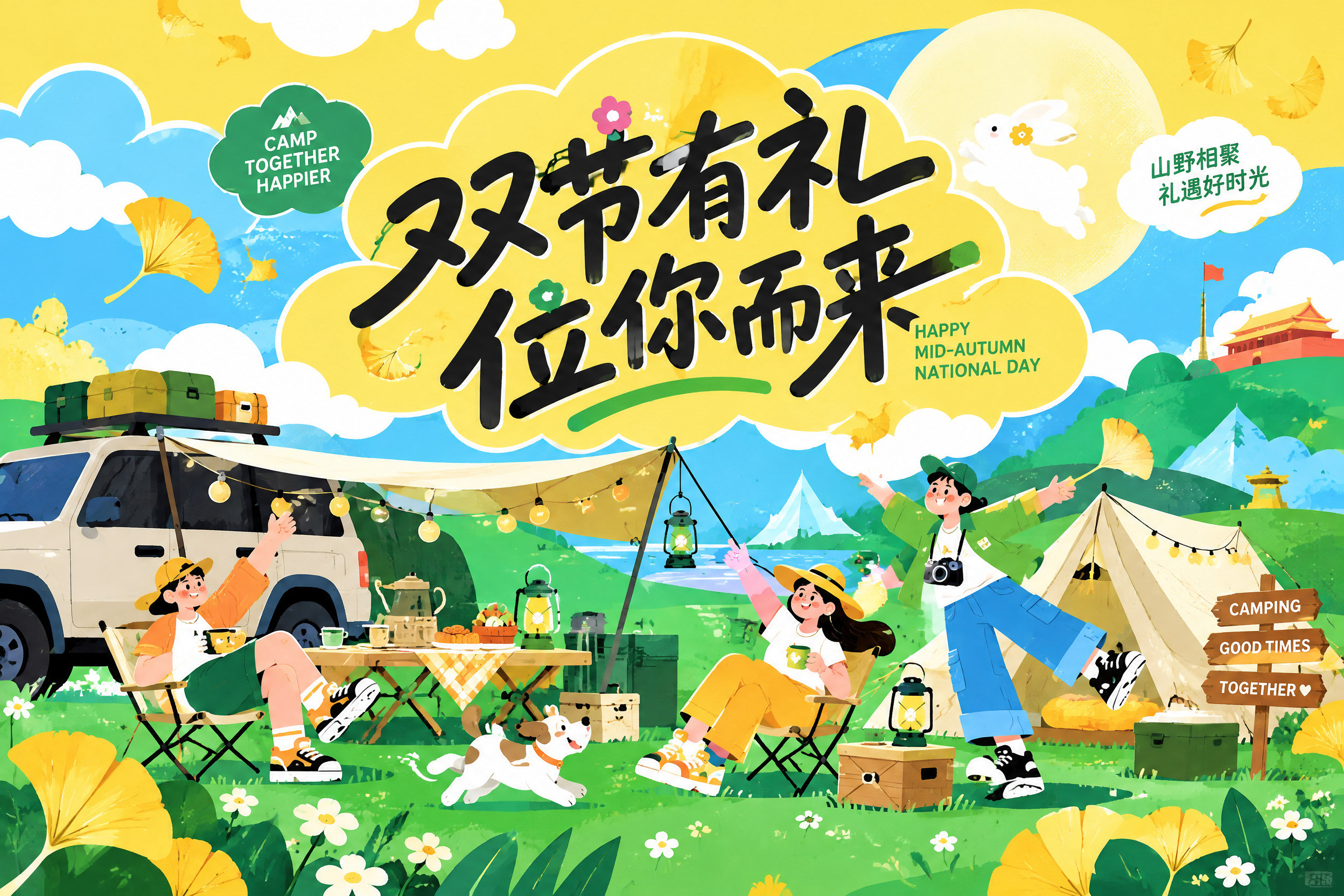 参考图片的扁平插画风、黄蓝绿撞色配色和活泼可爱的人物风格，重新… - 图片创意预览