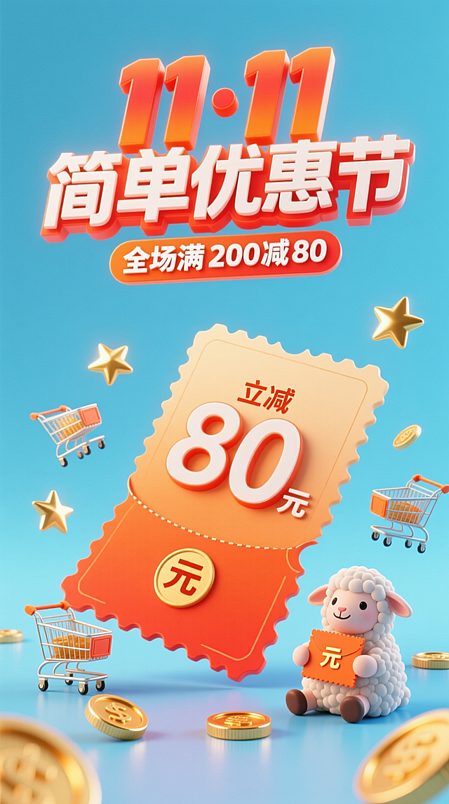 3D 立体主标题 “11・11 简单优惠节” 居画面上方，橙红渐变带光晕；副标 “全场满 200 减 80” 用白色小字缀标题下方。画面中心是巨型 3D 优惠券（印着“立减80元”字样，“元”为小字，边缘卷边有质感），四周飘着迷你购物车、金色星星、坐姿小羊（抱小优惠券），底部散着几枚亮面金币。高饱和橙蓝配色，背景淡蓝渐变，视觉清爽聚焦。