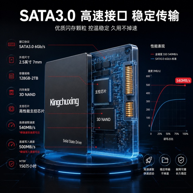 [主图-3] 金储星固态硬盘技术结构性能展示页。
[氛围风格] 科技解构风，冷色调通透，精密专业感。
[画质] 商业摄影质感，结构清晰，细节锐利，画面干净。
[元素] 主体展示固态硬盘SATA3.0接预览效果