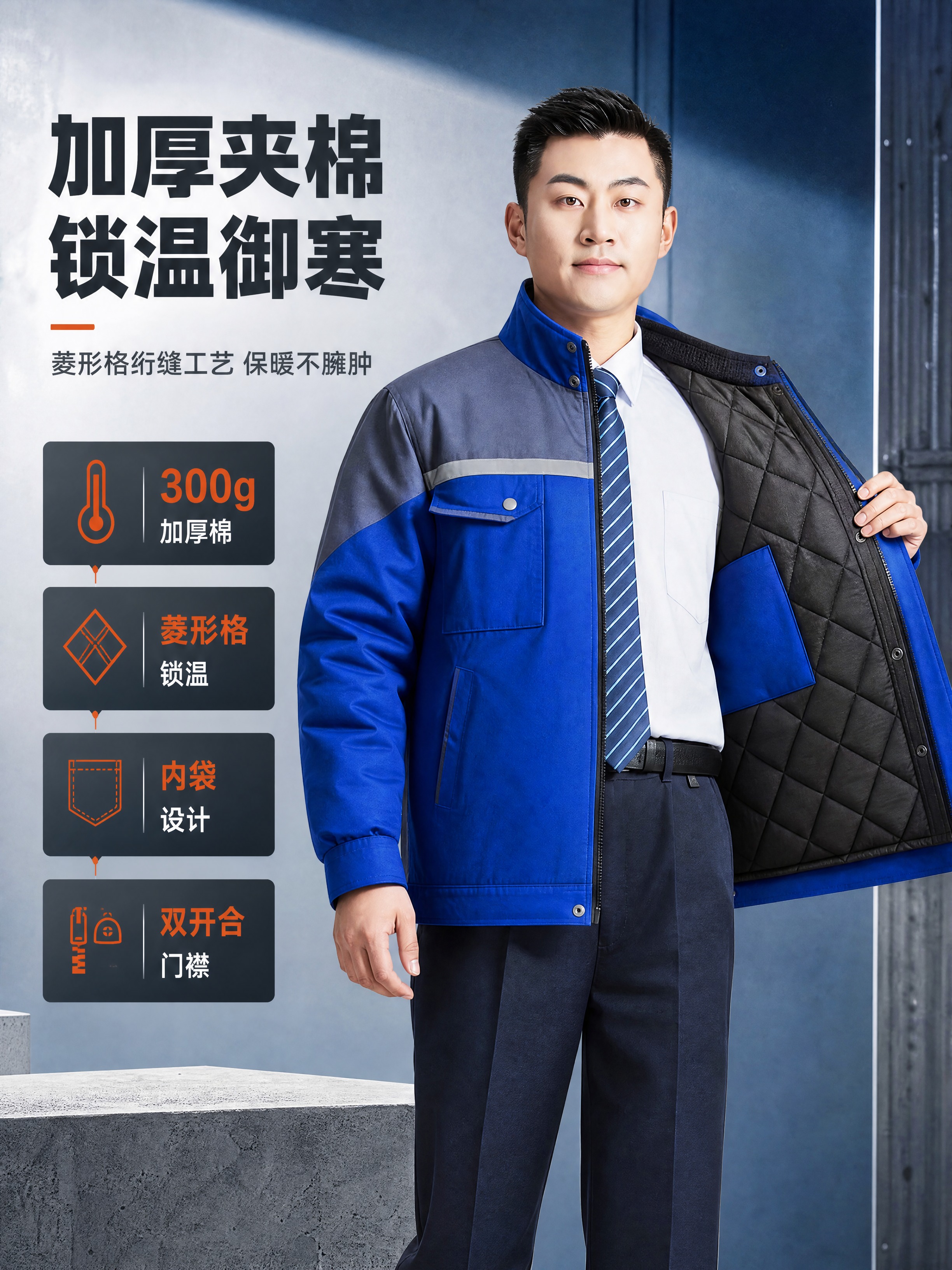[商品] 使用【图2】蓝灰拼色冬季加厚劳保工作服（男款上衣，展… - 图片创意预览