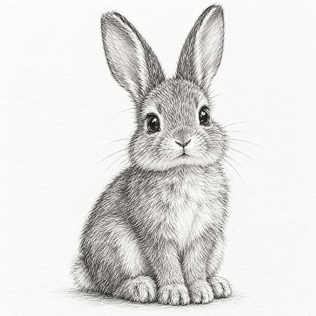 一只可爱的兔子，铅笔素描风格，黑白灰调，细腻的线条和阴影，毛茸茸的质感，兔子坐姿，长耳朵竖起，眼睛圆润有神，背景简洁留白，手绘素描质感，艺术感强