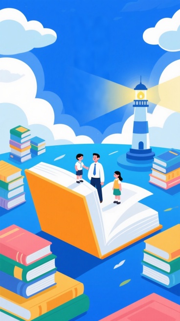 教育主题海报，画面中央是打开的大书本，书本上站着老师和学生，周围有书籍堆叠，远处有发光的灯塔，背景是云朵，“知识照亮前行路”文案位于画面合适位置，扁平插画风格，竖版构图，蓝色调，背景氛围梦幻预览效果