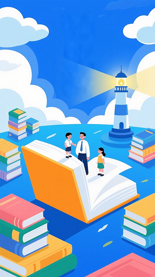 教师与学生在书本里的创意插画图