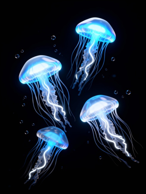 在纯黑色背景上，四只半透明的发光水母，伞状体呈现明亮的蓝白色光芒，边缘柔和渐变，细长的触手飘逸下垂，带有白色发光纹理，周围点缀着细小的气泡，整体营造出神秘而宁静的深海氛围，光影效果突出，水母的发光部分明亮清晰，与黑色背景形成强烈对比，保持写实的3D质感和流畅的动态感。预览效果