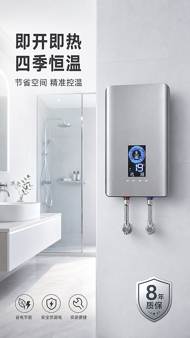 [第1屏] 详情页首屏头图，银灰色即热式电热水器卫浴场景宣传海报。
[氛围/风格] 简约现代卫浴风格，明亮干净，简洁高级，商业摄影质感，超高清。
[元素布局] 将原图中的银灰色即热式电热水器保持原本的金属质感、数字显示屏和进水接口细节，放置在画面右侧区域，占据约65%画面主体。背景为简约明亮的现代卫浴空间，左侧包含白色陶瓷洗手台、浅灰色防水瓷砖墙面、透明玻璃淋浴房等至少3种环境元素，整体无边框满铺。产品物理结构、颜色材质必须与输入产品图一致。
[光影质感] 左侧柔和主光，产品表面金属质感清晰，明暗层次自然，整体画面干净通透。
[配色色系] 全局底色#F5F7F9（浅灰白）；主体配色：#C0C4C6（热水器银灰）+ #4285F4（显示屏蓝光）；辅助色：#FFFFFF（洗手台白）+ #E8EBEF（墙面浅灰）+ #212121（文字深灰）。
[视角构图] 平视视角，左文右图经典布局，左侧预留完整文字区域，产品展示完整正面全貌。
[文字版式] 左上角主标题“即开即热 四季恒温”，副标题“节省空间 精准控温”，左对齐。左下角排列3个线性icon，分别搭配卖点文字“省电节能”“安全防漏电”“安装便捷”，右下角添加认证角标“8年质保”。文字不遮挡产品主体，排版简洁清晰符合移动端阅读。
[比例分辨率] 9:16 竖版比例，2K分辨率，文字清晰可辨，超高清。
[负向提示词] 产品变形，颜色偏差，显示屏文字错乱，水印，背景杂乱，文字模糊，变形。