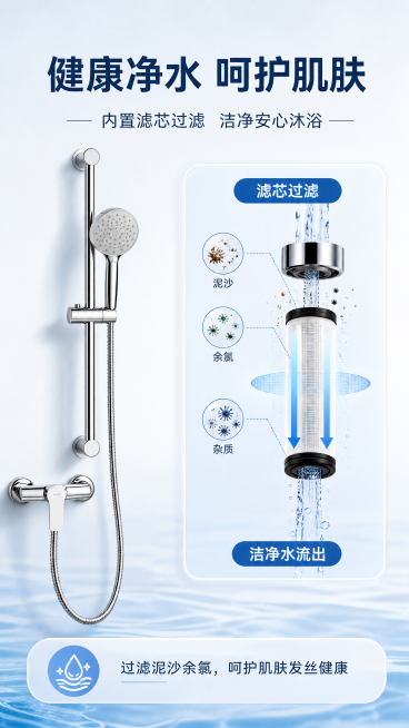 [主图-8] 健康净水功能展示图。主题展示滤芯过滤净水特性。[氛围风格] 专业健康感，清晰直观。[画质] 商业摄影，结构清晰。保持产品主体外观与输入产品图一致。[构图] 顶部标题，左侧产品主体，右侧滤预览效果