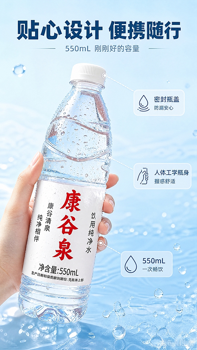 [商品] 使用【图1】康谷泉饮用纯净水550mL瓶装；保留瓶身结构、颜色、标签文字，瓶身呈45度侧立展示瓶盖与瓶身曲线，占画面约50%。
[画面] 目标：便携包装细节展示，550mL容量与瓶身设计。构图：中心产品特写，瓶身略微倾斜，突出瓶盖密封设计、瓶身握感曲线和标签细节；周围有手部轻轻握住瓶身中部展示握感；背景浅蓝渐变，点缀水滴和尺寸标注线；前景水珠，中景瓶身与手部，后景浅蓝虚化，≥3层视觉层次。
[视觉] 套系策略：风格=清爽干净商业摄影风，通透水感光影；标题字=现代无衬线粗体，圆润饱满；正文字=简洁无衬线体；主色=浅天蓝；背景延展=基于浅天蓝做上下渐变、同色深浅层级和通透水波纹质感；强调色=纯净白，仅用于小面积图标、引线和标签高光；标题色=深湖蓝；正文色=中灰蓝；组件=圆角浅蓝底信息卡、细线水滴图标；光影=前侧柔光，突出瓶身曲线和质感，整体精致通透。
[文字] 上方主标题"贴心设计 便携随行"，副标题"550mL 刚刚好的容量"；右侧3个引线标注：「密封瓶盖 防漏安心」「人体工学瓶身 握感舒适」「550mL 一次畅饮」；文字全部横向排版。
[规格] 图片比例9:16竖版，4K，负向提示：避免变形、错字、文字过小、瓶身标签错乱、暖黄色调、人物面部、平台Logo。