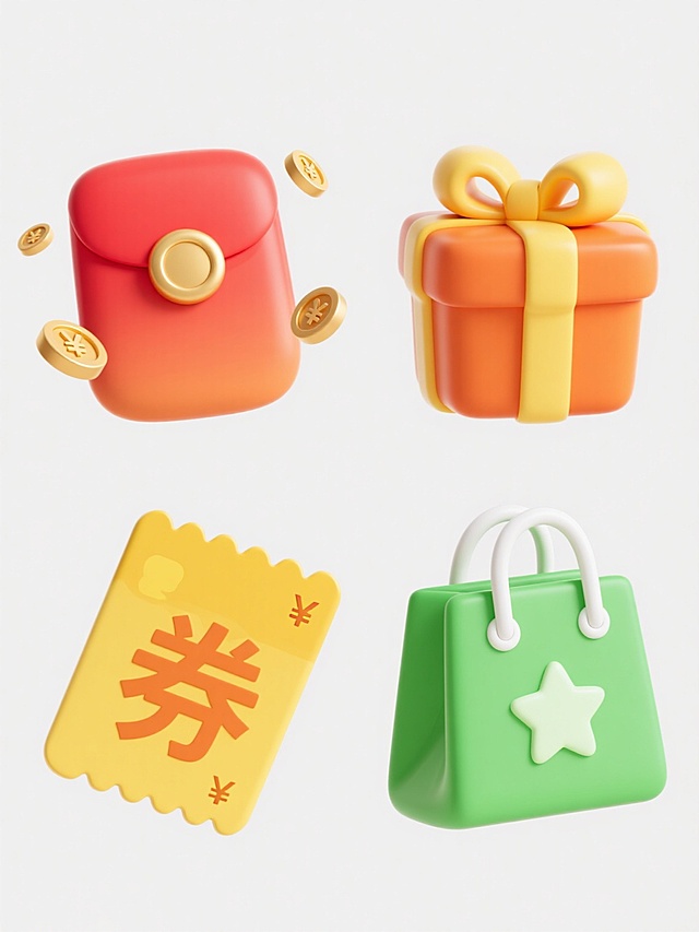 一组4个不同配色、不同样式、不同材质的电商促销元素，采用干净风格，背景为纯白色。每个元素都具有圆润可爱的3D立体造型，明亮的渐变色彩，光滑的塑料质感，以及柔和的高光和阴影效果。第一个元素是红色红包，带有金色圆形封口和飘落的金色硬币；第二个元素是橙色礼盒，系着黄色蝴蝶结；第三个元素是黄色优惠券，印有“券”字和人民币符号；第四个元素是绿色购物袋，带有白色提手和星星图案。所有元素都具有清晰的轮廓，简洁的线条，适合作为电商促销素材使用。