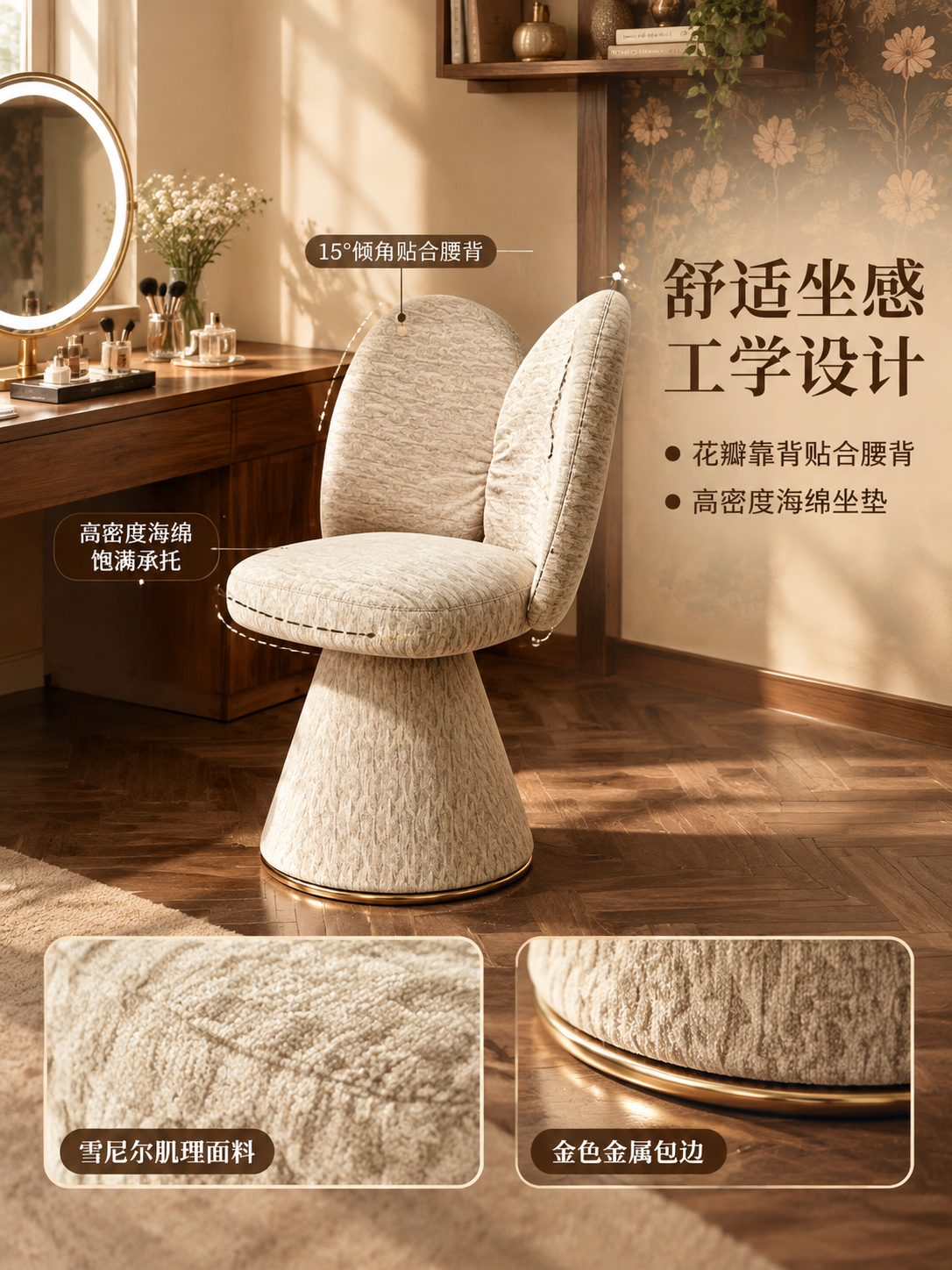 [主图-2] 化妆椅人体工学与坐感舒适度展示，突出靠背贴合与坐… - 图片创意预览