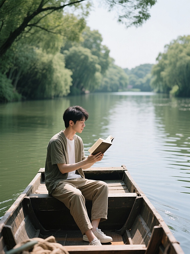 我坐船行走在杭州西溪湖畔，看着书
