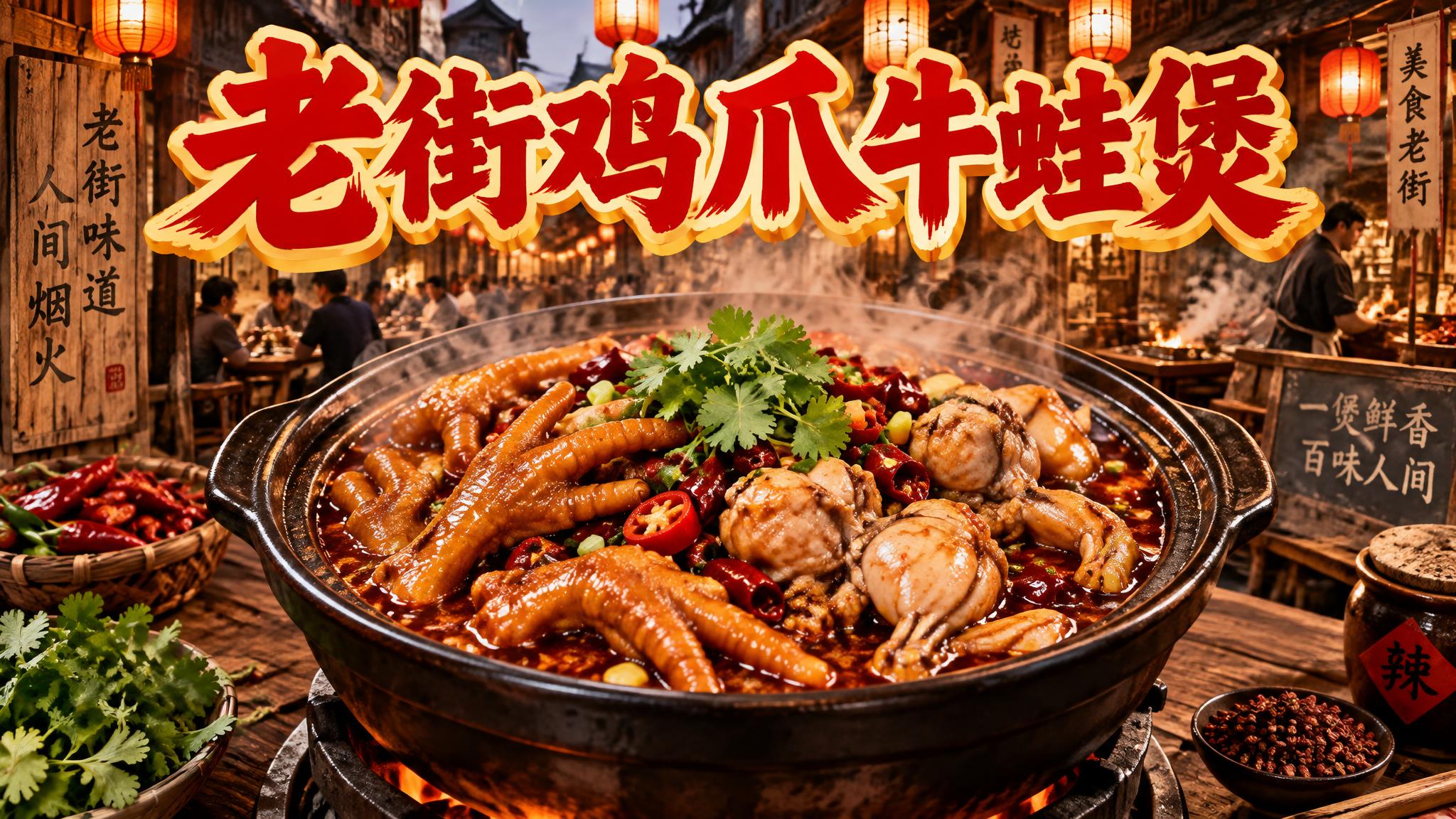 老街鸡爪牛蛙煲美食海报，画面中央是一大锅热气腾腾的鸡爪牛蛙煲，… - 图片创意预览