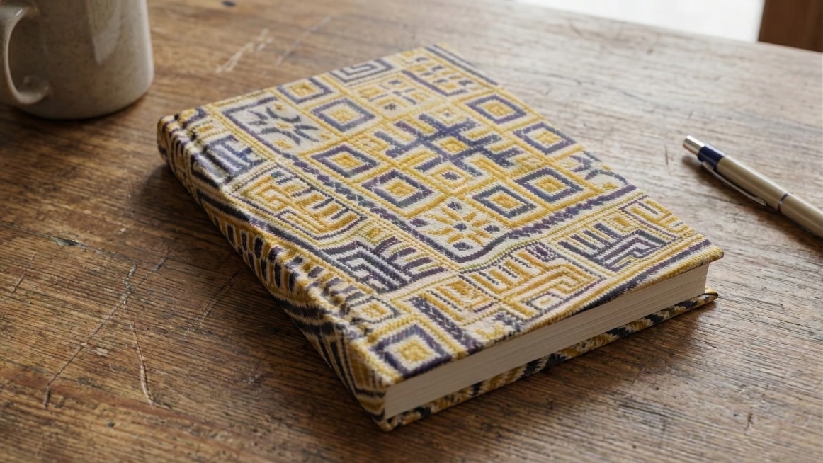 使用参考图中的菱格几何纹样设计一款文创笔记本的封面，展示笔记本放在桌面上的实物效果，保留纹样原有黄灰紫配色和编织质感，风格写实，产品展示清晰预览效果