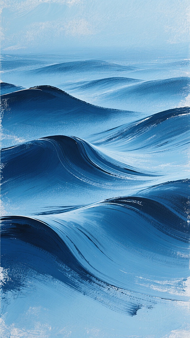 一幅以深蓝到浅蓝渐变为主色调的抽象自然风光艺术画，画面中充满流动感的波浪状线条，这些线条呈现出类似海浪或气流的自然动态，整体风格偏向现代简约的抽象艺术。改变原有的细腻闪光纹理，采用带有明显笔触痕迹的磨砂质感，仿佛是用粗粝的画笔在画布上挥洒而成，线条边缘保留一定的粗犷感，色彩过渡自然柔和，营造出宁静而富有力量的氛围，整体构图均衡，视觉焦点随着线条的流动自然引导，没有任何文字或标识元素。