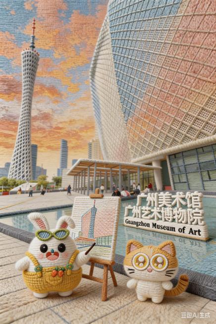 将整幅图转换成钩织毛线效果，整体保持原构图和元素不变，呈现手工毛线编织的纹理质感，保留广州美术馆广州艺术博物院文案和两个卡通形象，广州塔建筑细节不变预览效果