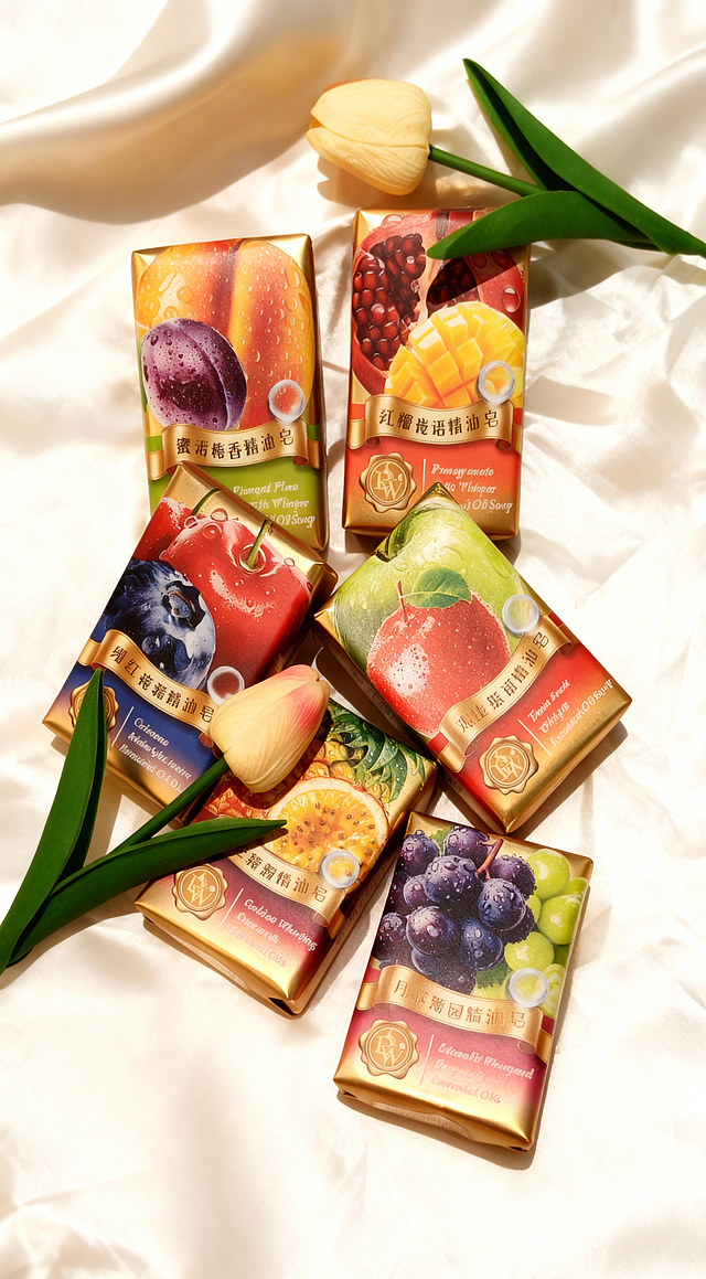 绝对锁定原图背景，修复背景瑕疵，保持背景光影与商品一致。
专业商业棚拍光，5500K标准中性白光照明，轮廓光，体积光，柔和接触阴影，曝光绝对正确，主体居中占比60%-80%。
六块水果图案精油皂商品，摆放在米白色丝绸背景上。
极致超清画质，电影级CG渲染，智能降噪，深度细节锐化，8k分辨率。
色彩鲜艳饱满，色彩动态范围提升，还原真实物理色彩，彻底消除灰暗感和褪色感，让整体色彩明亮通透。
保留背景轻微自然褶皱，仅清理脏污，保持背景干净整洁，保留背景原有自然质感，微距级材质纹理重构，强制透视矫正。