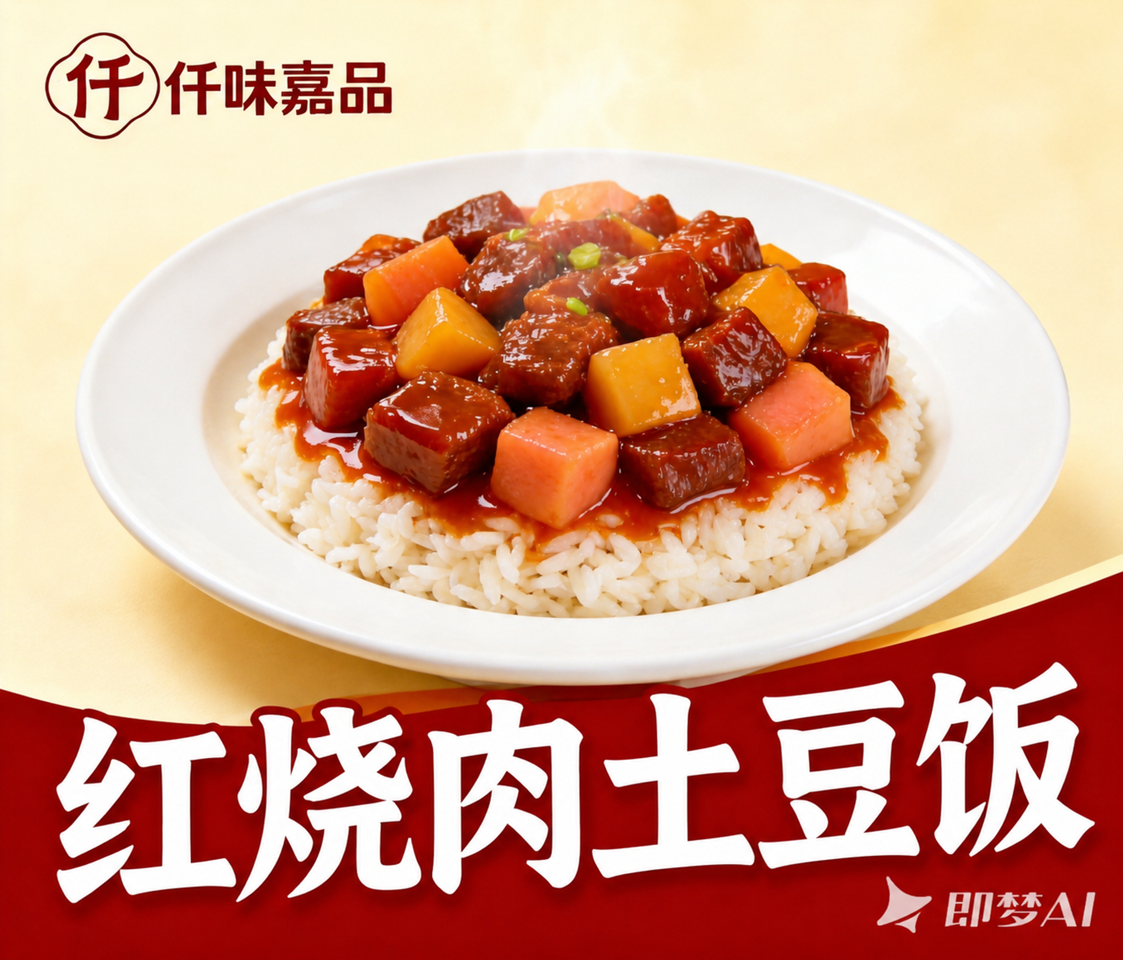 将参考图的红烧肉土豆饭美食海报设计为横版，保持原有的视觉风格、… - 图片创意预览