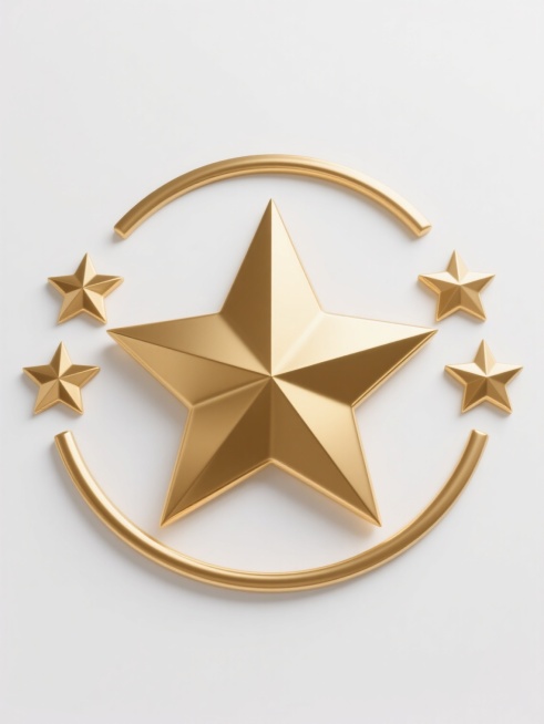 五个金色五角星组成的图案，中央为一颗最大的五角星，两侧各有两颗较小的五角星呈对称分布，整体排列成弧形。五角星具有金属质感，表面有明显的高光和阴影，呈现出立体的浮雕效果，边缘锐利清晰。背景为纯白色，干净简洁，无任何其他元素干扰。整体设计风格简约现代，符合现实逻辑，适合作为背景素材使用。预览效果