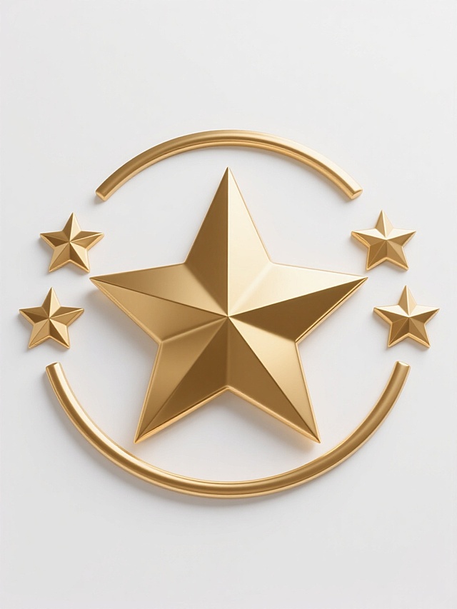 五个金色五角星组成的图案，中央为一颗最大的五角星，两侧各有两颗较小的五角星呈对称分布，整体排列成弧形。五角星具有金属质感，表面有明显的高光和阴影，呈现出立体的浮雕效果，边缘锐利清晰。背景为纯白色，干净简洁，无任何其他元素干扰。整体设计风格简约现代，符合现实逻辑，适合作为背景素材使用。
