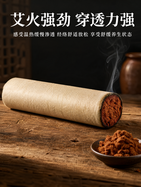 [第6屏] 核心特点展示-艾火强劲穿透力强。
[氛围/风格] 自然真实场景，古朴养生质感，突出艾火温热效果，商业摄影质感。
[元素布局] 完整艾条横向摆放在做旧原木台面上，右侧展示艾条燃烧横截面，红棕预览效果