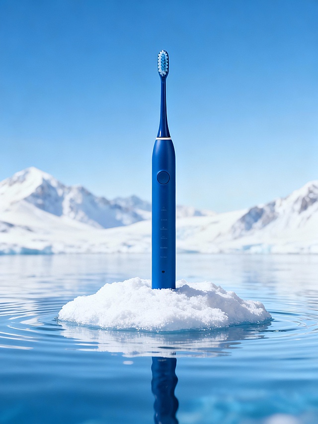 极简蓝调电动牙刷立于雪岛之上，映照冰湖倒影，融合科技感与微缩艺术风，展现清爽未来视觉。