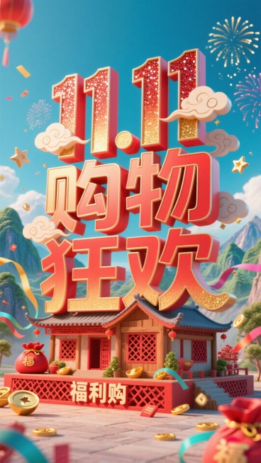 以红色镂空风为主色调，前景是立体木材房屋建筑， “11.11购物狂欢” 立体大字，文字里面融入祥云，亮片（红色河金色渐变，配祥云，山河，烟花等装饰）底座有福利购字样，福袋金币彩带星星修饰整体画面，国风预览效果