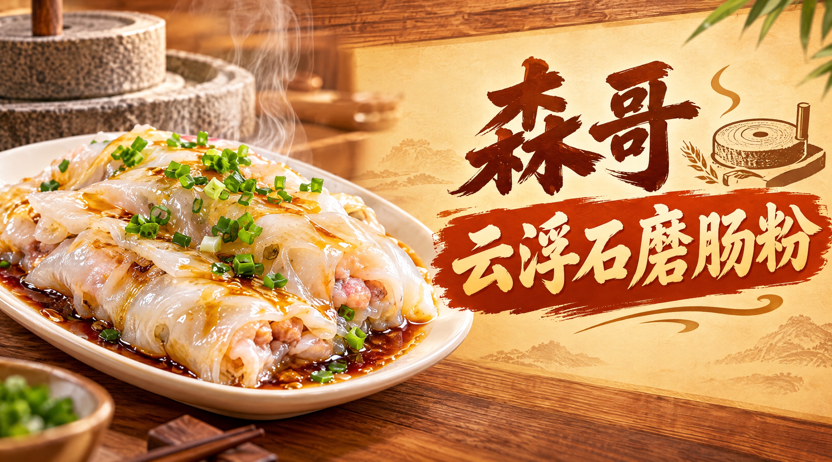 肠粉店招设计，店名"森哥云浮石磨肠粉"，画面左侧是一碟诱人的石… - 图片创意预览