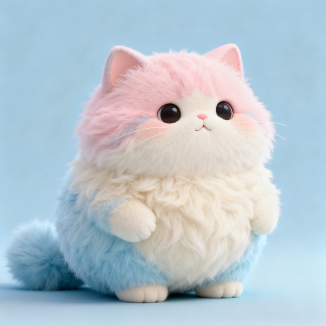 设计一个可爱的猫咪IP角色，整体风格软萌治愈，圆滚滚的体型，毛茸预览效果