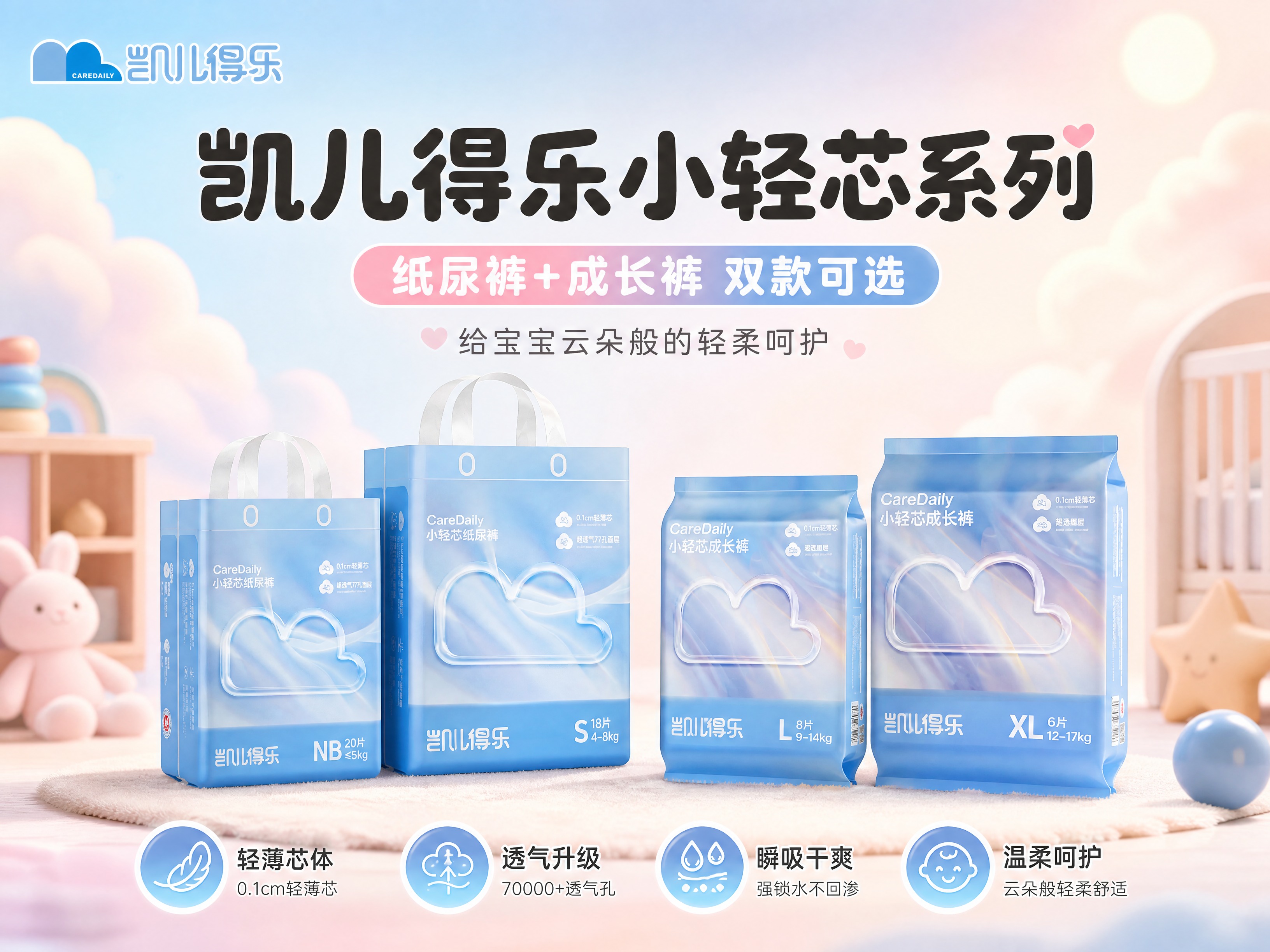 凯儿得乐小轻芯纸尿裤和成长裤产品包装全家福，两包产品组合摆放，… - 图片创意预览