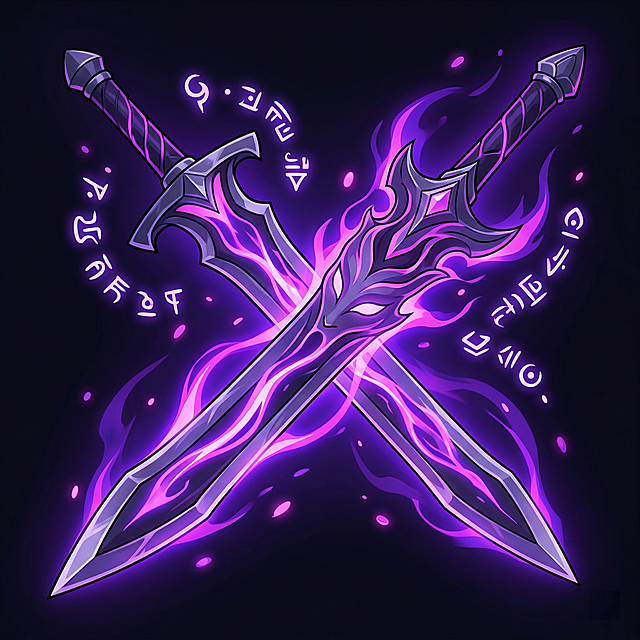 game skill icon, dark fantasy, anime style, high contrast, glowing effects, centered composition, full bleed composition, no border, no frame, no UI frame, two blades as main focus, crossed or angled composition, purple and pink energy flowing along the blades, subtle mask shape integrated into energy, abstract rule symbols floating around, surreal and playful aura, asymmetric composition, medium detail, controlled complexity, clear silhouette, reduced small particles