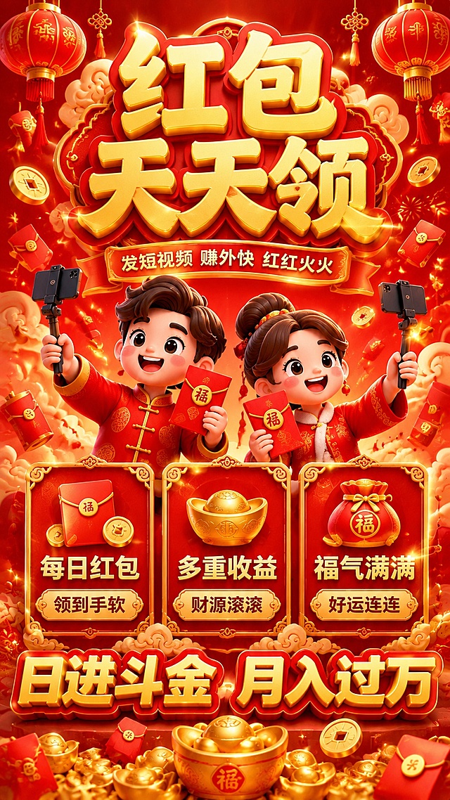 3D Q版卡通风格竖版海报，整体结构与参考图一致但配色和文案完全不同。

【配色方案】：国潮红金系——上半部分中国红渐变，下半部分深红渐变，红色和金色为主色调，传统喜庆风格。

【文案内容】：
- 主标题（超大号金色立体字）："红包天天领"
- 副标题："发短视频 赚外快 红红火火"
- 三张圆角卡片（国风金边）：
  卡片1（红金色调）：红包图标 + "每日红包" + "领到手软"
  卡片2（红金色调）：元宝图标 + "多重收益" + "财源滚滚"
  卡片3（红金色调）：福袋图标 + "福气满满" + "好运连连"
- 底部大标题（金色立体字）："日进斗金 月入过万"

【人物】：两个Q版3D卡通小人（大学生+宝妈），穿着红色系喜庆衣服，拿着红包，笑容满面，举着手机。

【装饰元素】：红灯笼、鞭炮、金元宝、红包雨、中国结、祥云、金币，漂浮在空中，3D质感，喜庆热闹。

画面中所有文字必须精确渲染。所有信息区域填充完整，无空白框。无二维码。版式精美，文字间距舒适。3D质感，喜庆光影，超高清。