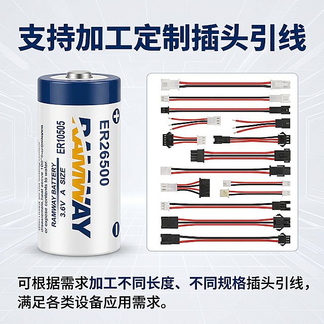 [主图 4] RAMWAY ER26500锂电池定制加工插头线服务展示。保持产品外观（物理结构、材质质感、颜色）与输入产品图绝对一致，杜绝任何变形和色差，精细化处理。[氛围风格] 专业服务展示，科技简约风格。[画质] 商业摄影质感、光线柔和通透、产品清晰真实、画面干净高级。[元素] 画面左侧展示成品电池本体，右侧展示不同类型定制插头线示意图，两种产品同框展示，都清晰完整。背景为浅灰色科技背景，整体分区清晰。[光影] 均匀布光，双侧补光，整体画面明亮干净，产品纹理清晰。[配色] 保持产品本身白蓝配色，浅灰背景，文字采用深蓝与白色对比配色。[视角构图] 平视对称构图，左右分区，产品各占一半空间，平衡稳定。[文字版式] 顶部主标题 "支持加工定制插头引线" 加粗大号字体；下方文字说明：可根据需求加工不同长度、不同规格插头引线，满足各类设备应用需求。文字放置在底部区域，不遮挡产品主体，排版整齐清晰。[比例分辨率] 1:1比例，2k分辨率；文字清晰锐利，画面超高清。[负向提示词] 变形，水印，文字错乱，产品图模糊，背景杂乱，遮挡主体。