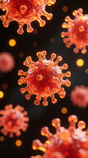 3D渲染风格的病毒微生物特写，多个具有棘突结构的病毒颗粒悬浮于画面中，表面呈现出半透明的水晶质感与细微的凹凸纹理，采用明亮醒目的橙红色调作为主色，搭配暖黄色高光和暗红色阴影，背景为深邃的黑色，点缀着大小不一、散焦的橙黄色光斑营造出梦幻般的景深效果，整体光影柔和且富有层次感，病毒颗粒在画面中分布错落有致，呈现出科学微观世界的神秘与精致。预览效果