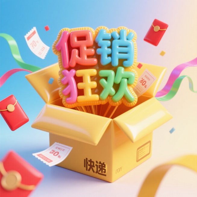 一个可爱的黄色快递箱，箱内弹出彩色立体汉字 “促销狂欢”。周围环绕红包、优惠券、流动的彩色丝带等元素，背景为明亮的渐变光效预览效果