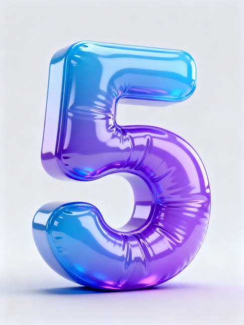 互联网风格，3D塑料膨胀效果，蓝紫渐变色彩，一个立体的数字5，具有光滑的塑料质感和膨胀的体积感，背景简洁，突出主体数字预览效果