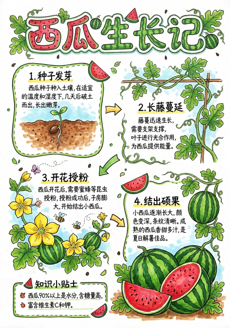 西瓜生长记手抄报，马克笔手绘风格，包含西瓜从种子发芽、长藤、开花到结出成熟西瓜的完整生长过程，排版活泼清晰，适合学生手抄报使用，配色清新自然预览效果