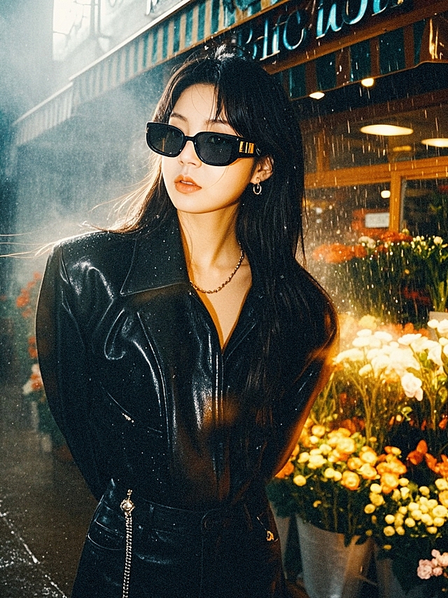 一个酷女生，花店门口，太阳雨